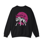 A black oversized crewneck sweatshirt from thtgrlreads’ Wolves of Ruin collection featuring a vintage-style graphic of a white wolf against a magenta moon with "Anassa" text on the back.