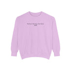 Officially licensed The Poison Daughter crewneck from thtgrlreads featuring a vintage-washed lavender Comfort Colors oversized sweatshirt with black gothic script text reading "My heart. My bones. Our blood.