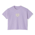 Thtgrlreads Poison Daughter collection lilac Comfort Colors cropped t-shirt featuring delicate embroidered heart patch with subtle gothic text, soft vintage wash fabric.