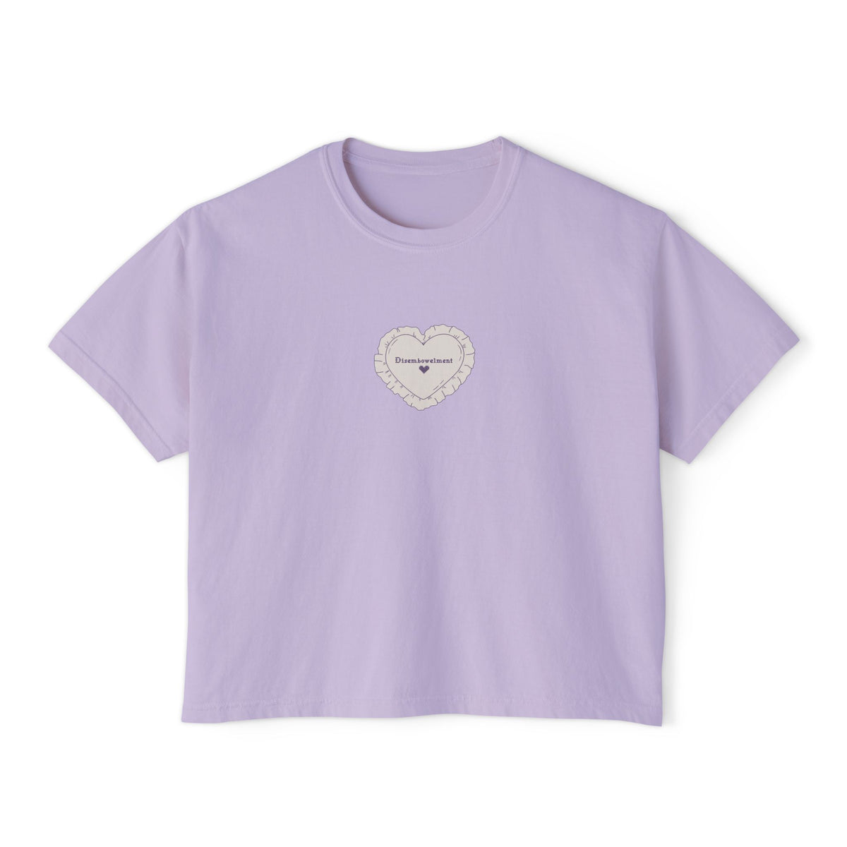 Thtgrlreads Poison Daughter collection lilac Comfort Colors cropped t-shirt featuring delicate embroidered heart patch with subtle gothic text, soft vintage wash fabric.