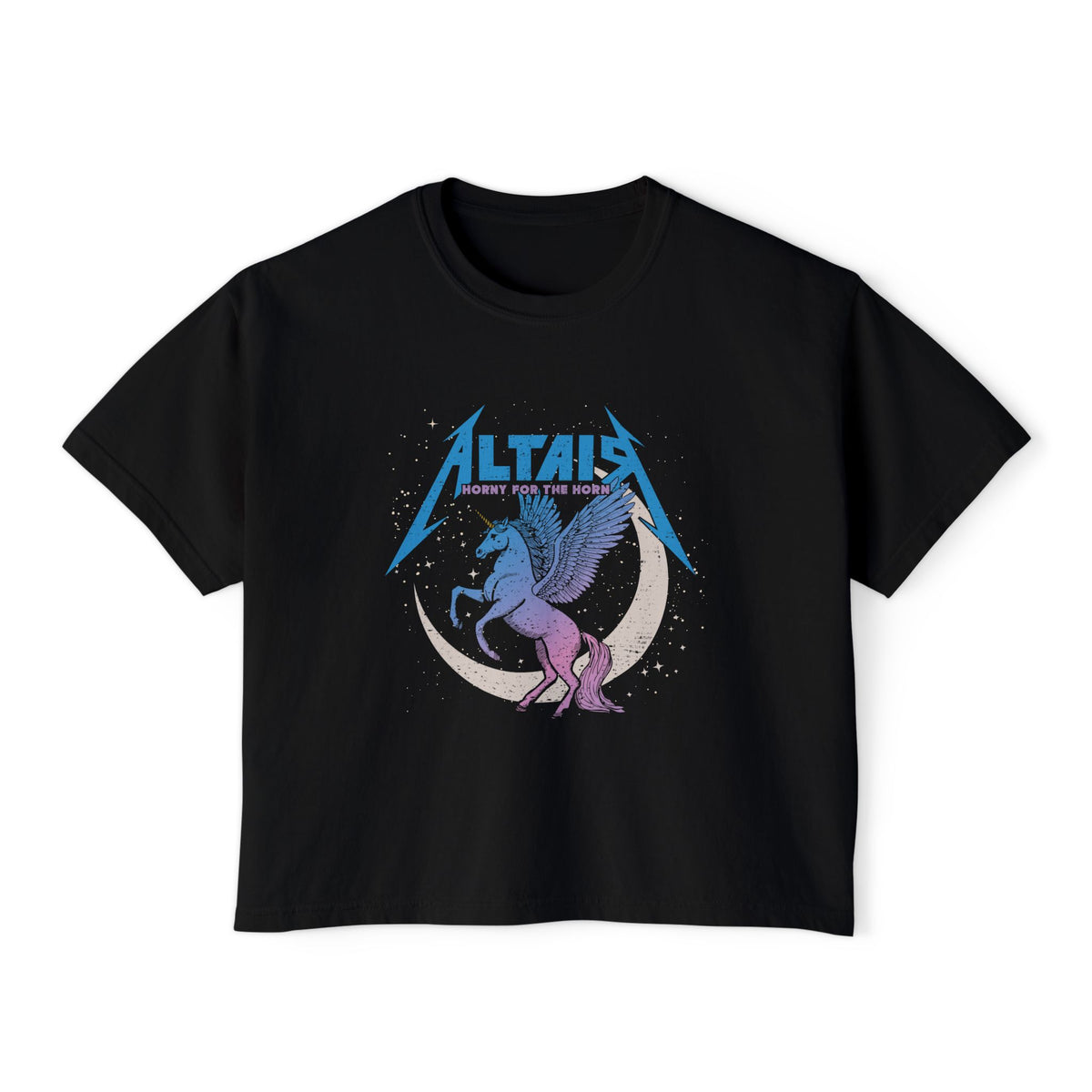 Thtgrlreads Zodiac Academy collection features a black vintage-wash Comfort Colors crop top with a pastel winged unicorn and crescent moon graphic, blending celestial fantasy and Romantasy flair.