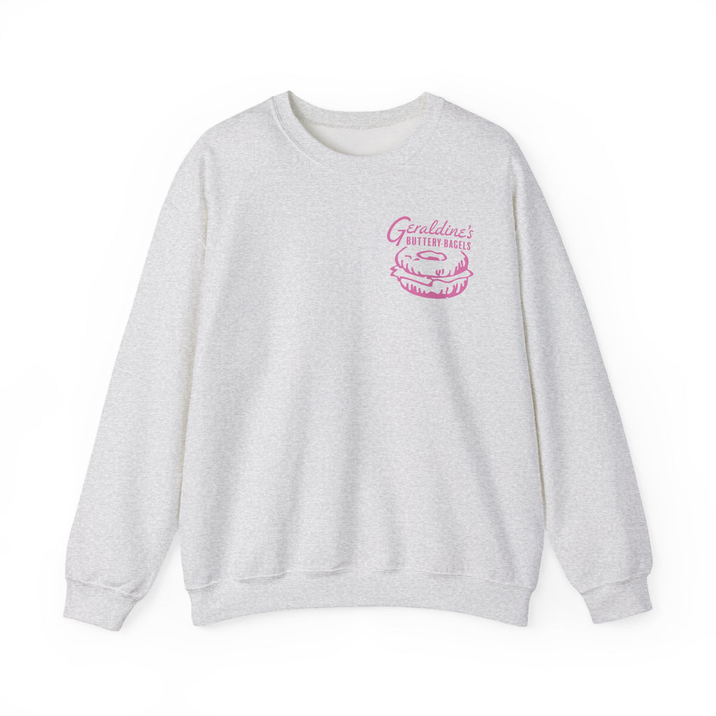 Zodiac Academy crewneck sweatshirt from thtgrlreads featuring a vintage-wash, soft Comfort Colors fabric with a pink graphic print of lips and "Geraldine's Bitter Bagels" text.