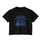thtgrlreads Wolves of Ruin collection crop top featuring a vintage wash black Comfort Colors fabric with detailed blue line art of a sailing ship and gothic script, Printify tee.