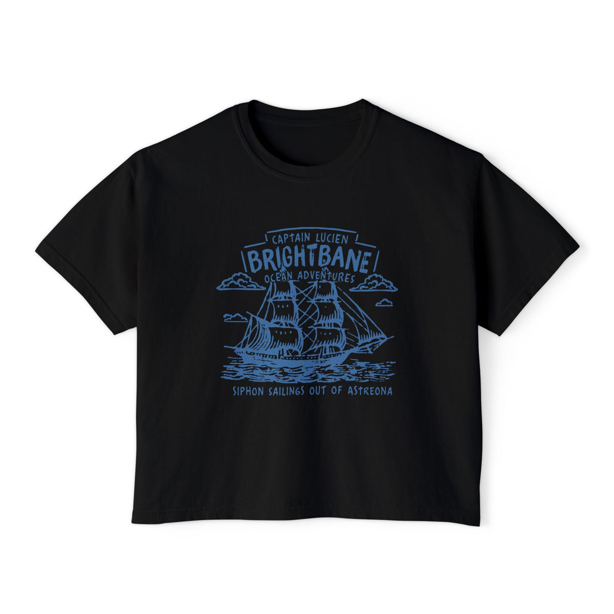 thtgrlreads Wolves of Ruin collection crop top featuring a vintage wash black Comfort Colors fabric with detailed blue line art of a sailing ship and gothic script, Printify tee.