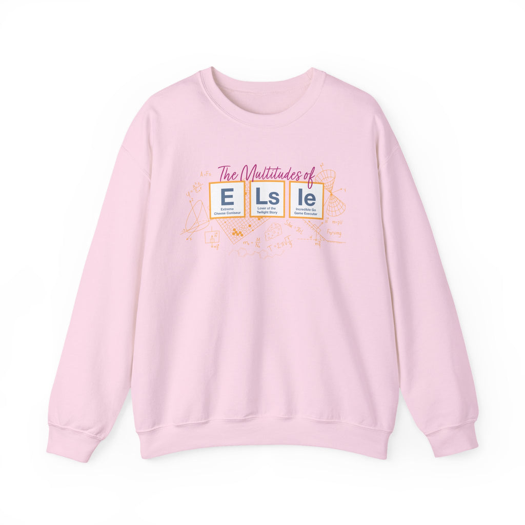 Pink unisex crewneck sweatshirt featuring The Multitudes of Elsie graphic, from Thtgrlreads Ali Hazelwood collection and licensed bookish apparel.