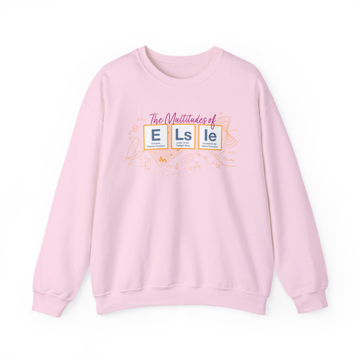 Pink unisex crewneck sweatshirt featuring The Multitudes of Elsie graphic, from Thtgrlreads Ali Hazelwood collection and licensed bookish apparel.
