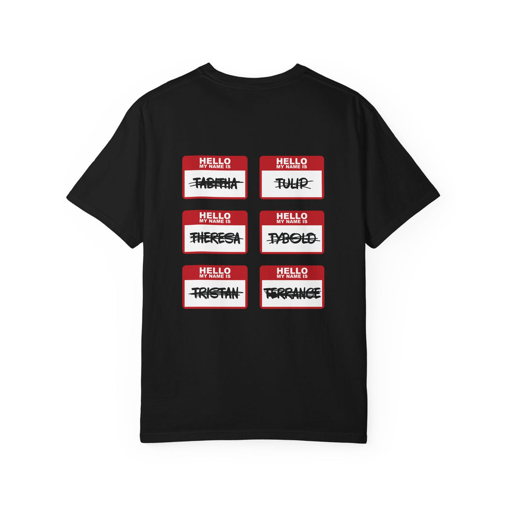 Black Comfort Colors graphic tee from thtgrlreads featuring six red and white name tag designs with crossed-out names, inspired by Kindred's Curse Saga book merch.