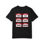 Black Comfort Colors graphic tee from thtgrlreads featuring six red and white name tag designs with crossed-out names, inspired by Kindred's Curse Saga book merch.