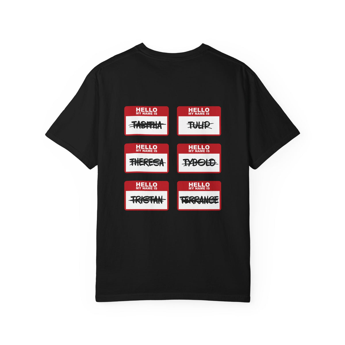 Black Comfort Colors graphic tee from thtgrlreads featuring six red and white name tag designs with crossed-out names, inspired by Kindred's Curse Saga book merch.