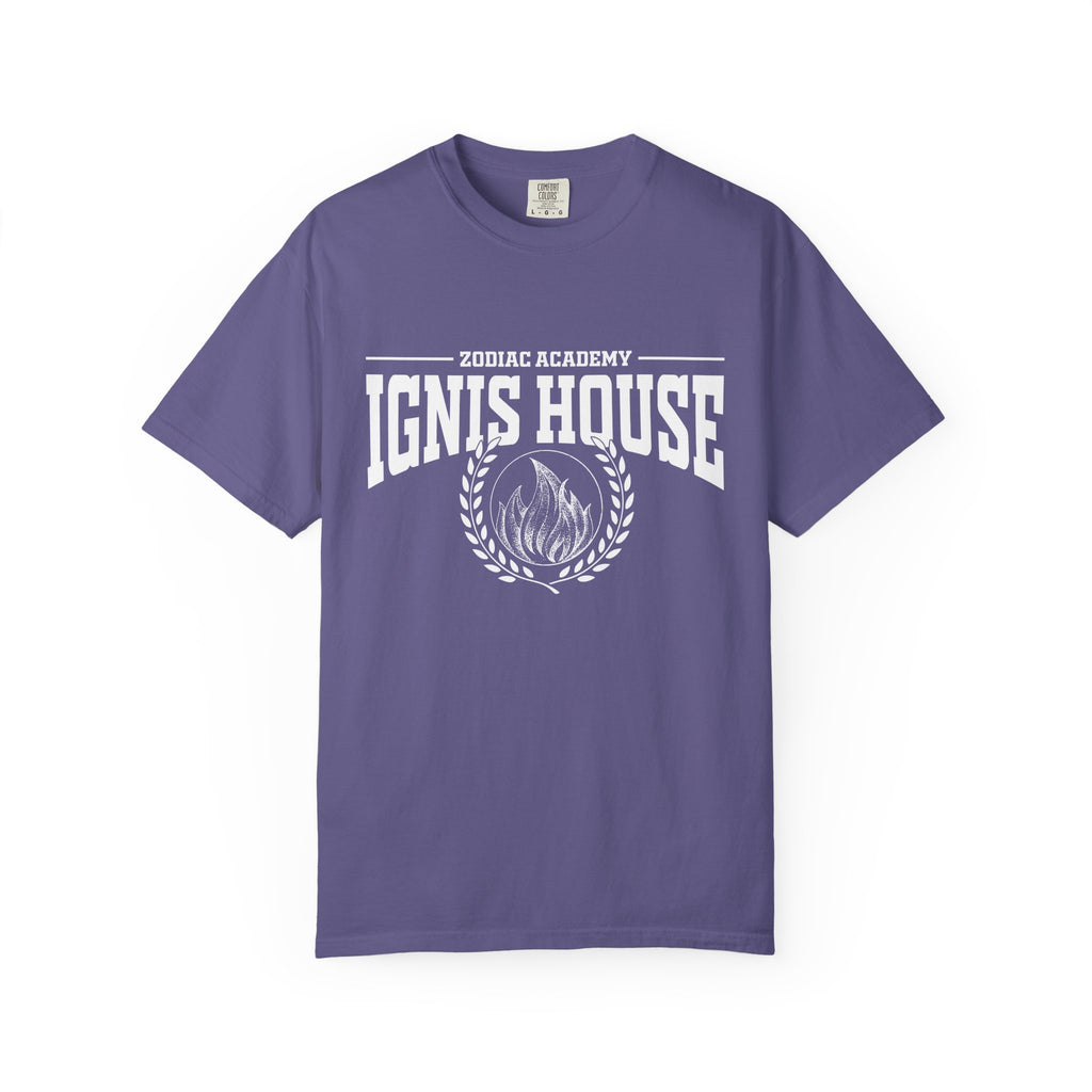 A vintage wash Comfort Colors graphic tee from thtgrlreads featuring Zodiac Academy Ignis House design in bold white print, combining bookish fandom with cozy, premium cotton comfort.
