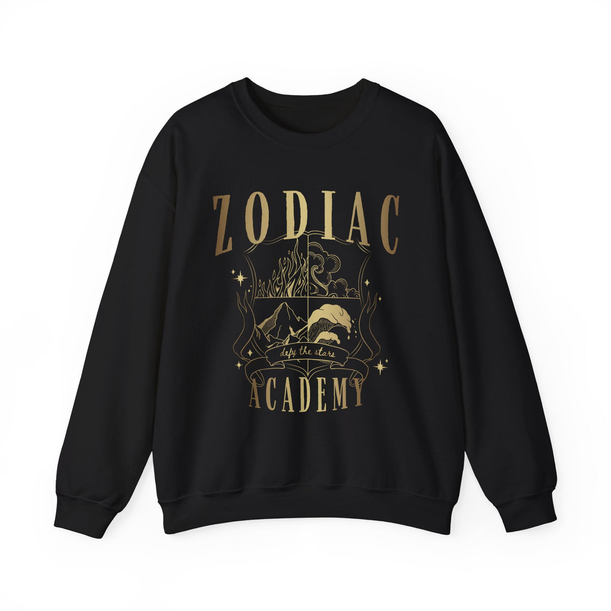 Zodiac Academy crewneck sweatshirt by thtgrlreads features a vintage-style gold graphic with celestial and mountain imagery on a black Comfort Colors base, part of the Zodiac Academy collection.