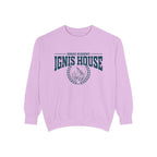 Zodiac Academy sweatshirt from thtgrlreads featuring a cozy oversized Comfort Colors crewneck with vintage-style "Ignis House" text and flame graphic in navy blue.