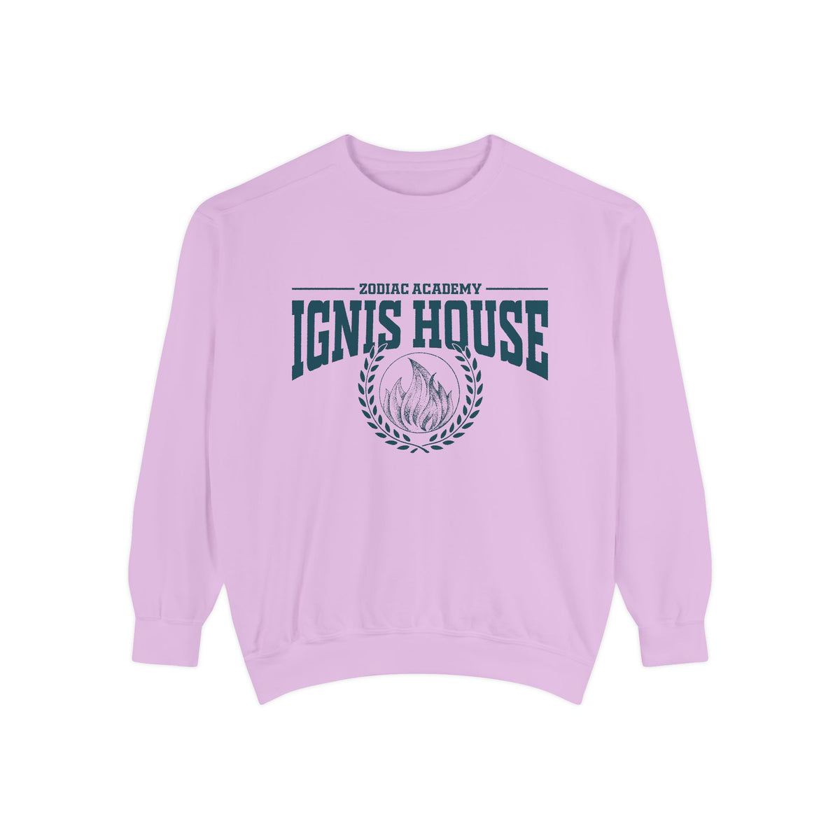 Zodiac Academy sweatshirt from thtgrlreads featuring a cozy oversized Comfort Colors crewneck with vintage-style "Ignis House" text and flame graphic in navy blue.