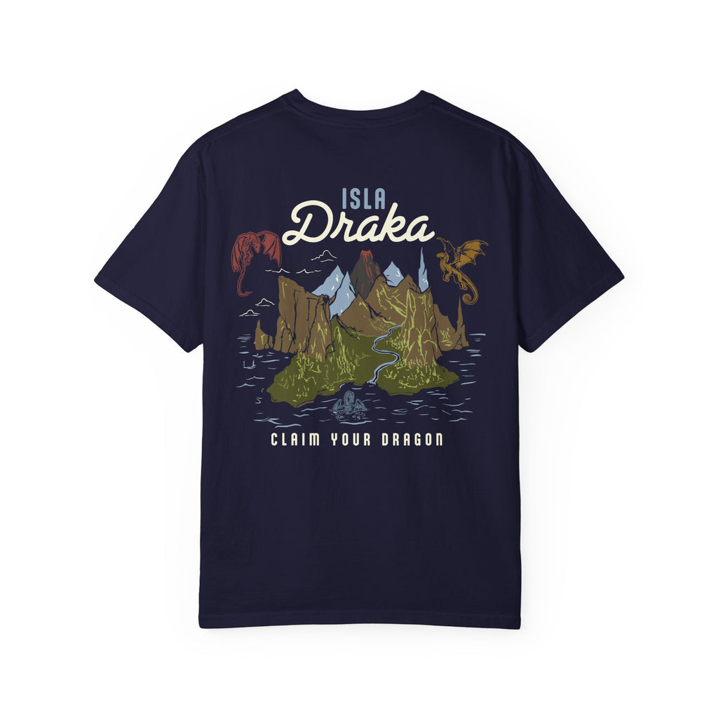 Blood Bound collection Comfort Colors graphic tee by thtgrlreads featuring a vintage wash navy base with a colorful fantasy landscape and dragons, printed by Printify.