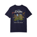 Blood Bound collection Comfort Colors graphic tee by thtgrlreads featuring a vintage wash navy base with a colorful fantasy landscape and dragons, printed by Printify.
