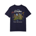 Blood Bound collection Comfort Colors graphic tee by thtgrlreads featuring a vintage wash navy base with a colorful fantasy landscape and dragons, printed by Printify.
