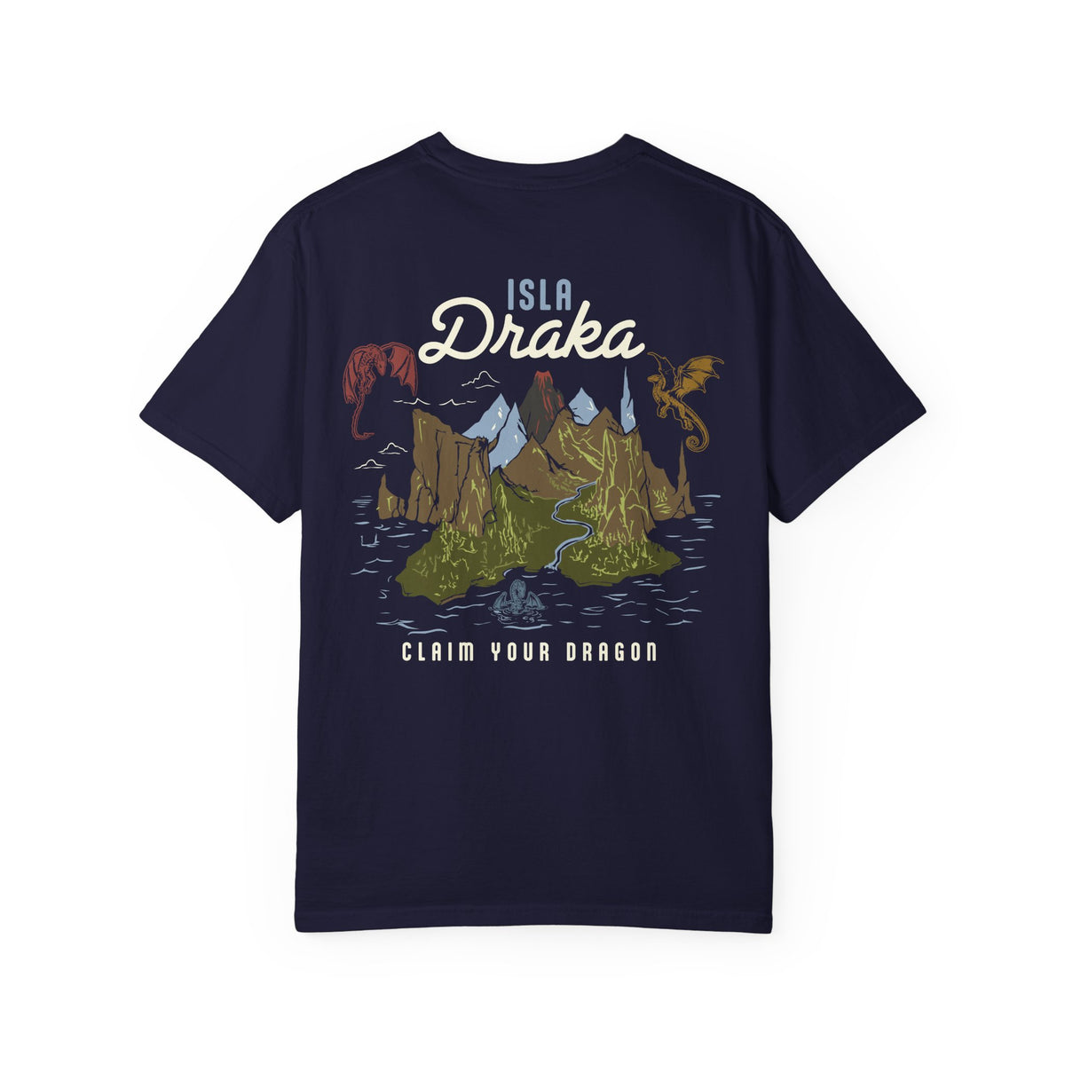 Blood Bound collection Comfort Colors graphic tee by thtgrlreads featuring a vintage wash navy base with a colorful fantasy landscape and dragons, printed by Printify.