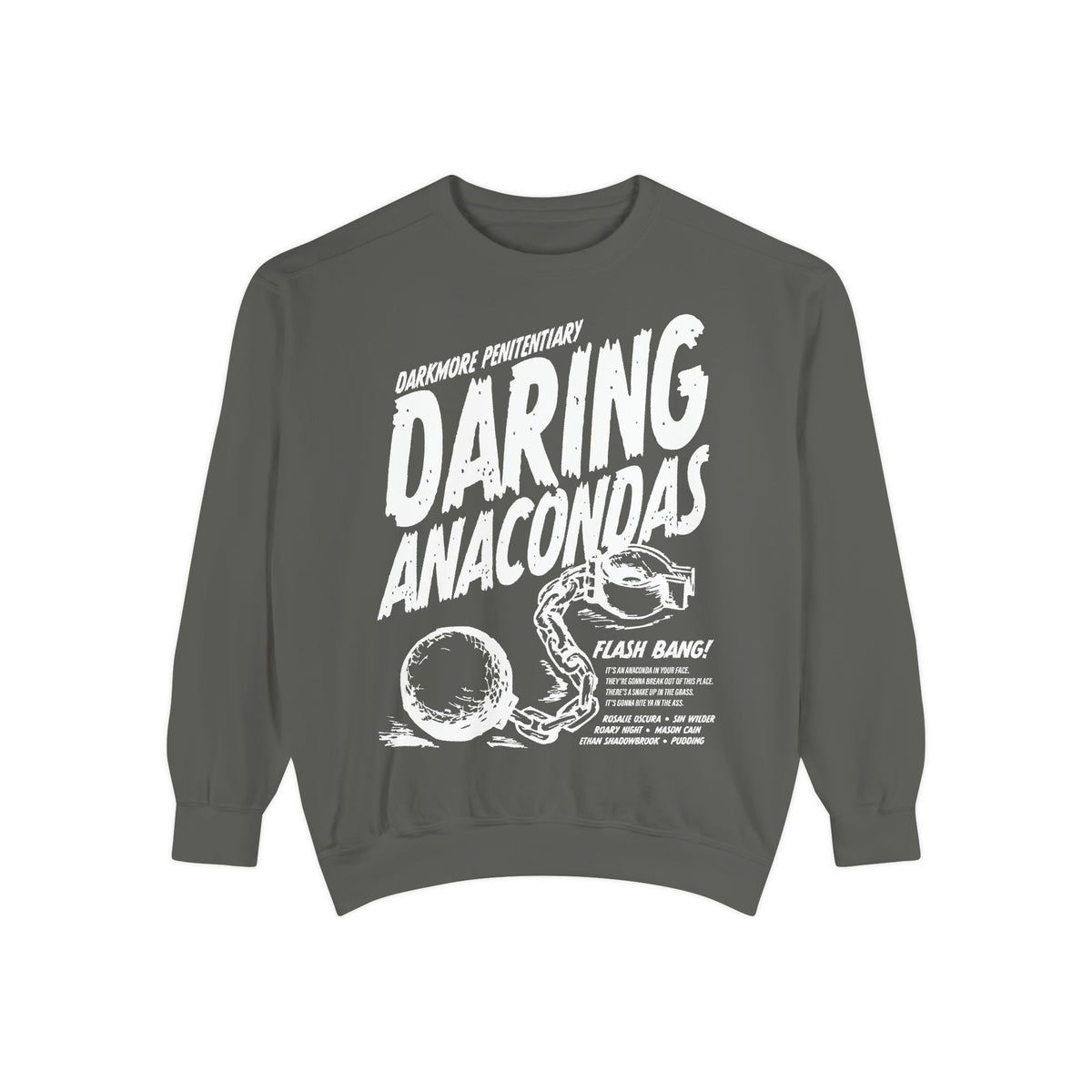 Darkmore Penitentiary-themed cozy oversized crewneck sweatshirt in muted gray with bold white vintage puff print graphic reading "Daring Anacondas" alongside handcuffs and ball-and-chain illustration, from thtgrlreads.