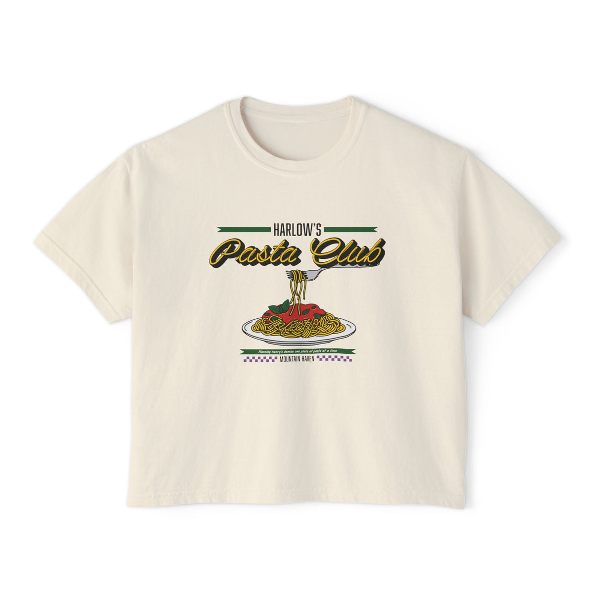 A cream-colored Comfort Colors cropped t-shirt from thtgrlreads featuring "Harlow's Pasta Club" vintage-style script and a colorful graphic of a fork twirling spaghetti over a plate, part of The Poison Daughter collection.