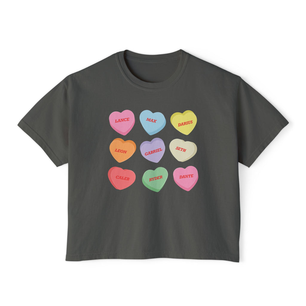 A vintage wash charcoal Comfort Colors crop top from thtgrlreads featuring colorful candy heart graphics with names from the Zodiac Academy collection, styled for fans of Ruthless Boys of the Zodiac.