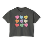 A vintage wash charcoal Comfort Colors crop top from thtgrlreads featuring colorful candy heart graphics with names from the Zodiac Academy collection, styled for fans of Ruthless Boys of the Zodiac.