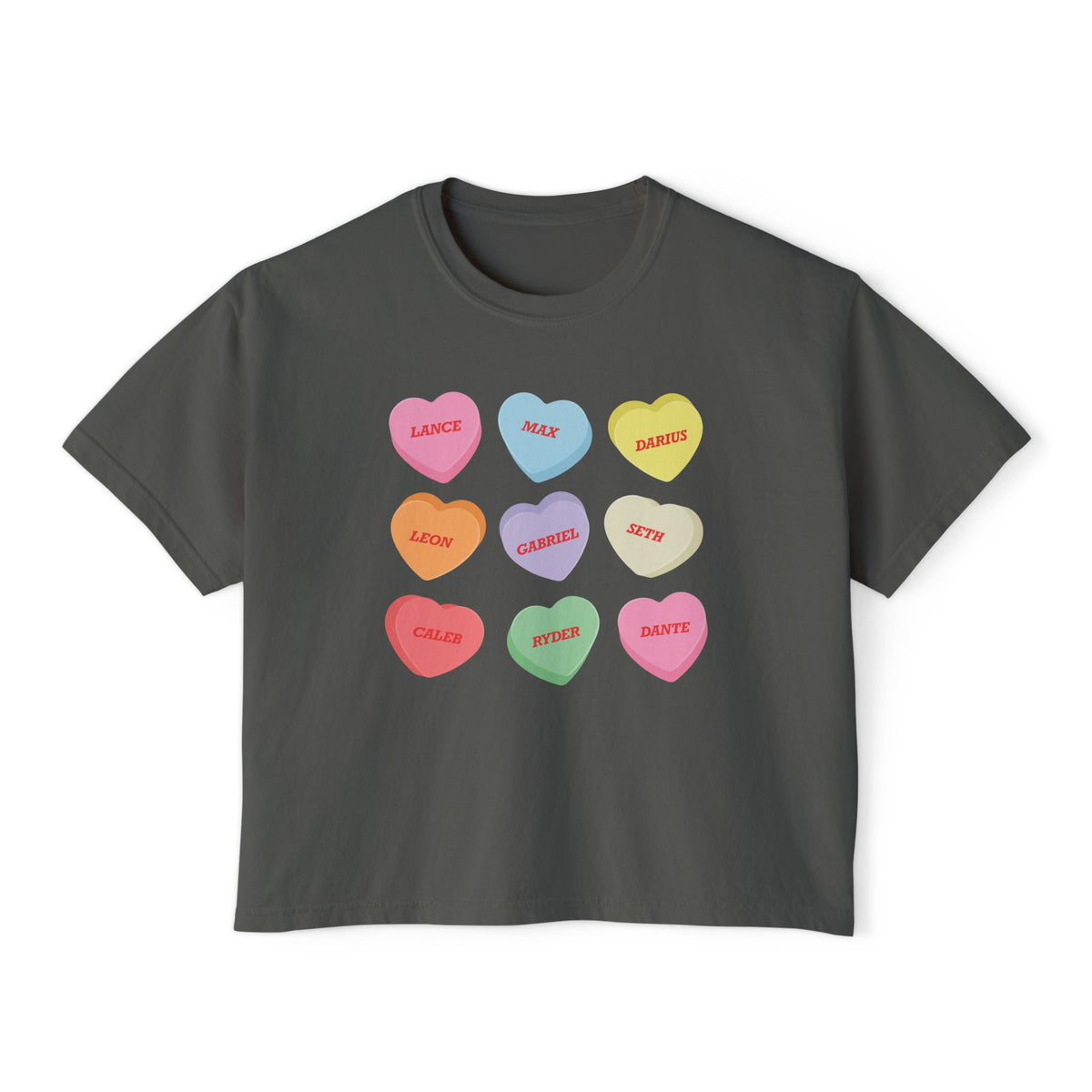 A vintage wash charcoal Comfort Colors crop top from thtgrlreads featuring colorful candy heart graphics with names from the Zodiac Academy collection, styled for fans of Ruthless Boys of the Zodiac.