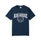Navy vintage wash Comfort Colors graphic tee from thtgrlreads featuring Zodiac Academy-inspired Aer House collegiate style text and a laurel wreath crest design.
