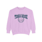 Zodiac Academy-themed lavender oversized crewneck sweatshirt from thtgrlreads featuring bold "Terra House" text and a vintage-style emblem, part of the Back to School collection.