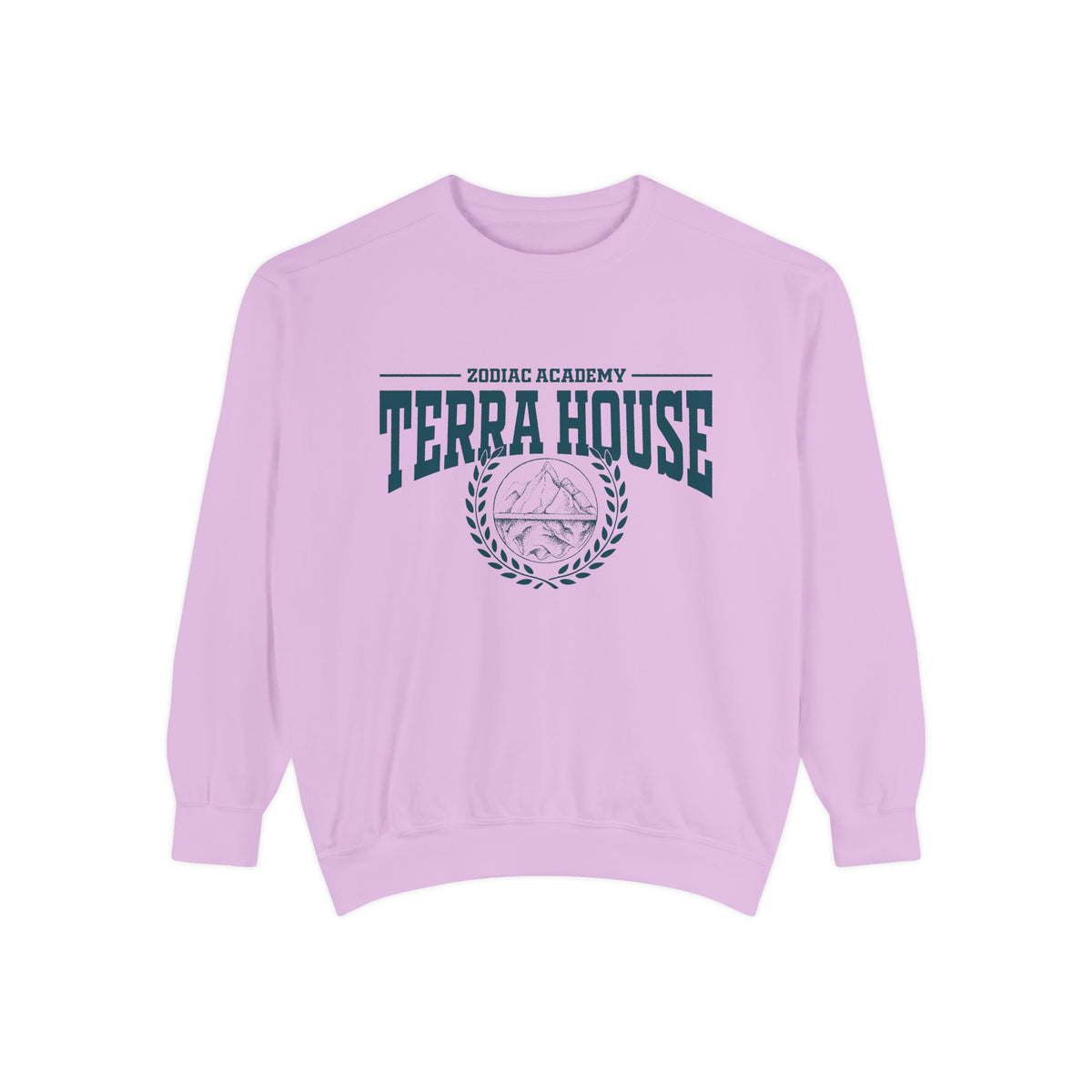 Zodiac Academy-themed lavender oversized crewneck sweatshirt from thtgrlreads featuring bold "Terra House" text and a vintage-style emblem, part of the Back to School collection.