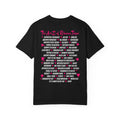 Romantasy-themed black Comfort Colors graphic tee by thtgrlreads, featuring a vintage wash and bold pink and white print listing romance tropes, from the Book Bestie collection.