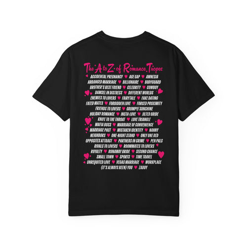 Romantasy-themed black Comfort Colors graphic tee by thtgrlreads, featuring a vintage wash and bold pink and white print listing romance tropes, from the Book Bestie collection.