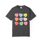 Thtgrlreads Zodiac Academy collection charcoal Comfort Colors graphic tee featuring colorful candy heart designs with names from the Ruthless Boys of the Zodiac series.