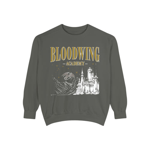 Bloodwing Academy crewneck sweatshirt from thtgrlreads featuring a vintage-wash Comfort Colors base with a detailed print of a castle and dragon, part of the Bloodwing Academy collection.