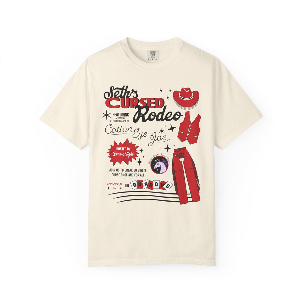 Comfort Colors graphic tee from thtgrlreads featuring vintage-style rodeo-themed print inspired by Zodiac Academy, combining red and black text and illustrations on a cream base.