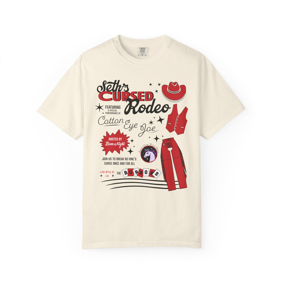 Comfort Colors graphic tee from thtgrlreads featuring vintage-style rodeo-themed print inspired by Zodiac Academy, combining red and black text and illustrations on a cream base.