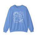 A cozy blue oversized crewneck sweatshirt from thtgrlreads featuring a vintage white intricate line art design with text "tears of the faceless goddess," part of the Wolves of Ruin collection, printed on a premium Comfort Colors base by Printify.