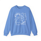 A cozy blue oversized crewneck sweatshirt from thtgrlreads featuring a vintage white intricate line art design with text "tears of the faceless goddess," part of the Wolves of Ruin collection, printed on a premium Comfort Colors base by Printify.