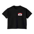 A black vintage wash comfort colors cropped t-shirt from thtgrlreads featuring a red and white "Hello My Name Is Taran" nametag graphic, part of the Kindred's Curse Saga collection.