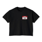 A black vintage wash comfort colors cropped t-shirt from thtgrlreads featuring a red and white "Hello My Name Is Taran" nametag graphic, part of the Kindred's Curse Saga collection.