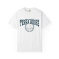 Zodiac Academy Terra House Comfort Colors graphic tee by thtgrlreads featuring vintage wash and navy collegiate-style print on soft white unisex cotton.