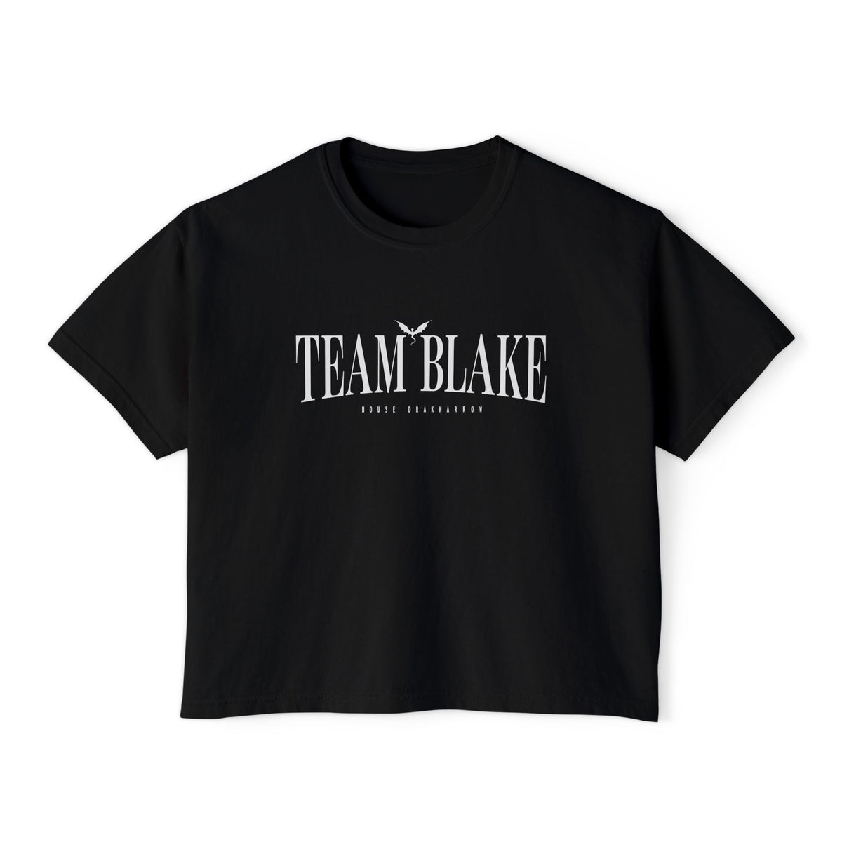 Bloodwing Academy women's cropped Comfort Colors tee by thtgrlreads featuring "Team Blake" gothic script graphic in vintage white print.