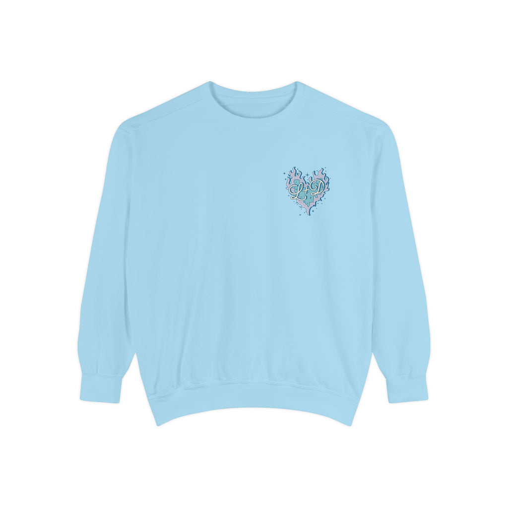 Zodiac Academy collection blue Comfort Colors oversized crewneck sweatshirt by thtgrlreads featuring a small pastel heart graphic with delicate detailing on chest, part of officially licensed bookish apparel.