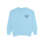Zodiac Academy collection blue Comfort Colors oversized crewneck sweatshirt by thtgrlreads featuring a small pastel heart graphic with delicate detailing on chest, part of officially licensed bookish apparel.