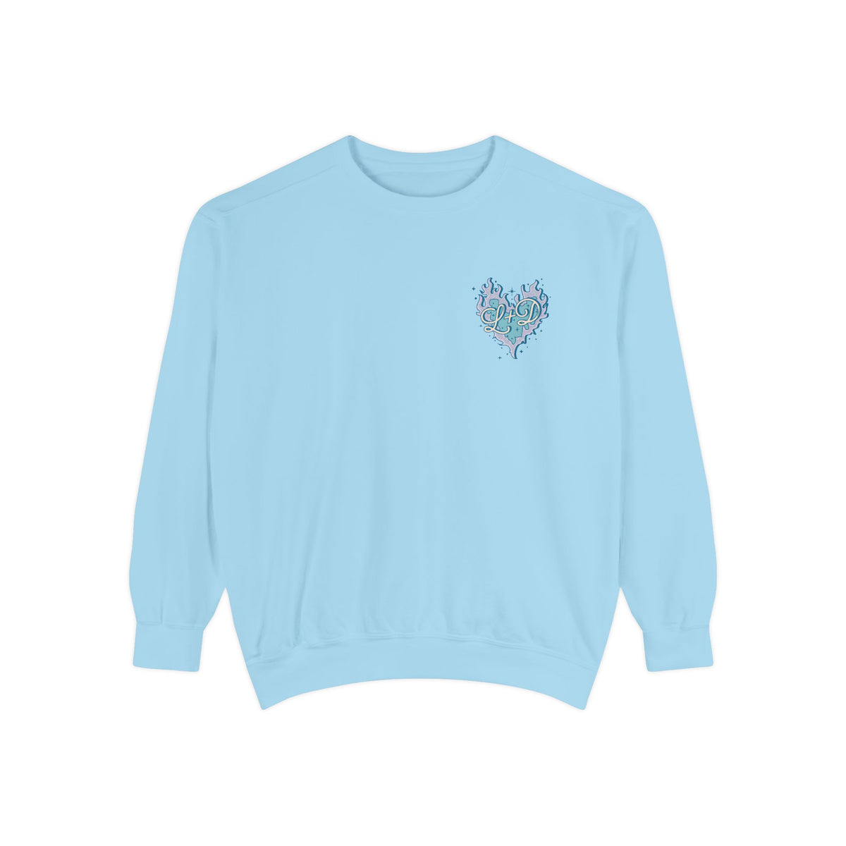 Zodiac Academy collection blue Comfort Colors oversized crewneck sweatshirt by thtgrlreads featuring a small pastel heart graphic with delicate detailing on chest, part of officially licensed bookish apparel.