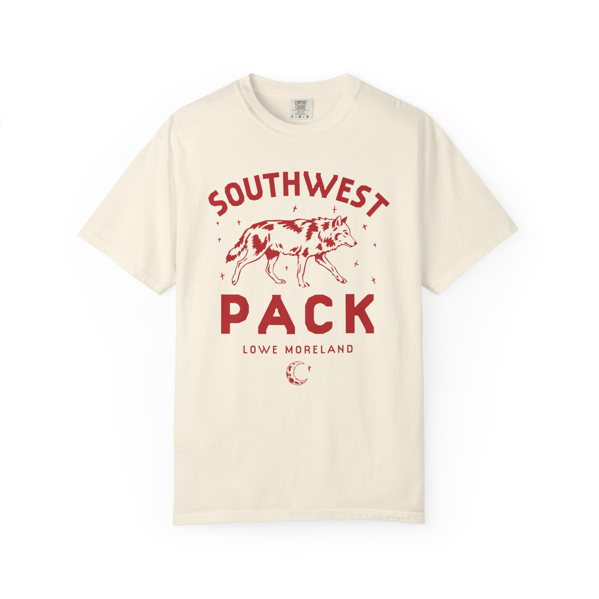 Cream Comfort Colors graphic tee with red Southwest Pack wolf design and Lowe Moreland text, officially licensed Ali Hazelwood Bride merch from Thtgrlreads