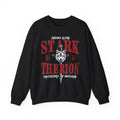 thtgrlreads Wolves of Ruin collection oversized crewneck sweatshirt featuring vintage-style red gothic text and a wolf graphic with sword, made from soft Comfort Colors fabric.