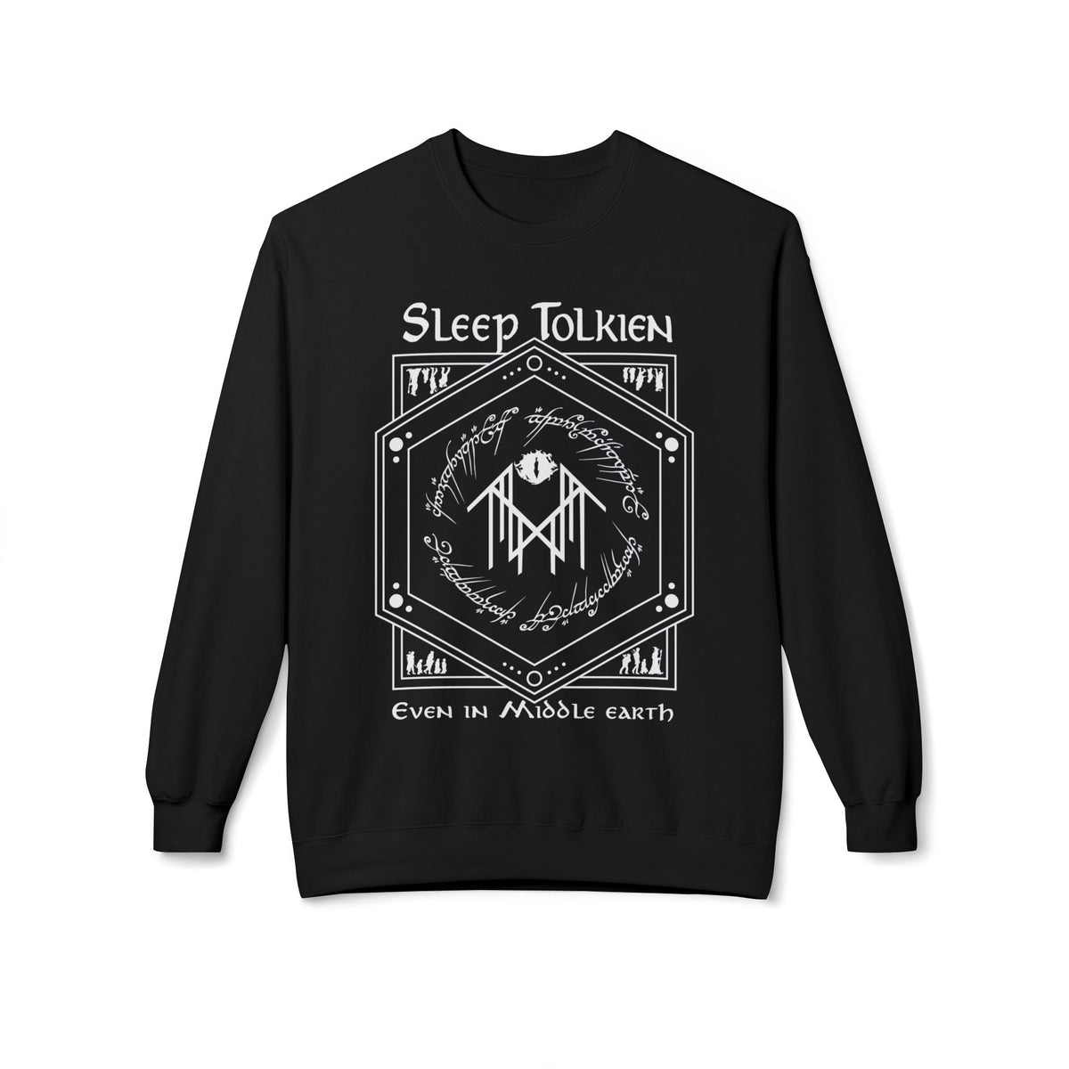 thtgrlreads officially licensed Sleep Tolkien unisex oversized crewneck sweatshirt featuring a white hexagonal design with Elvish script and fantasy-themed graphics on a vintage black Comfort Colors base.