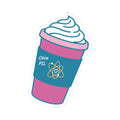 Olive PSL coffee cup sticker with whipped cream, pink and teal design, and heart atom graphic from The Love Hypothesis by Ali Hazelwood, by Thtgrlreads.