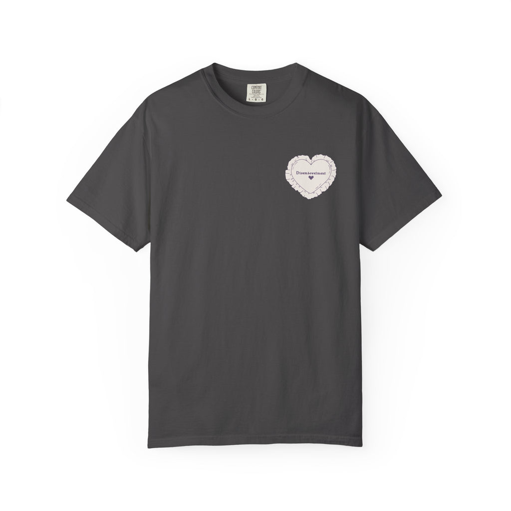 A vintage wash Comfort Colors charcoal graphic tee from thtgrlreads featuring an embroidered heart design with the word "Disembowelment," part of The Poison Daughter collection.