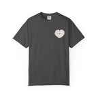 A vintage wash Comfort Colors charcoal graphic tee from thtgrlreads featuring an embroidered heart design with the word "Disembowelment," part of The Poison Daughter collection.